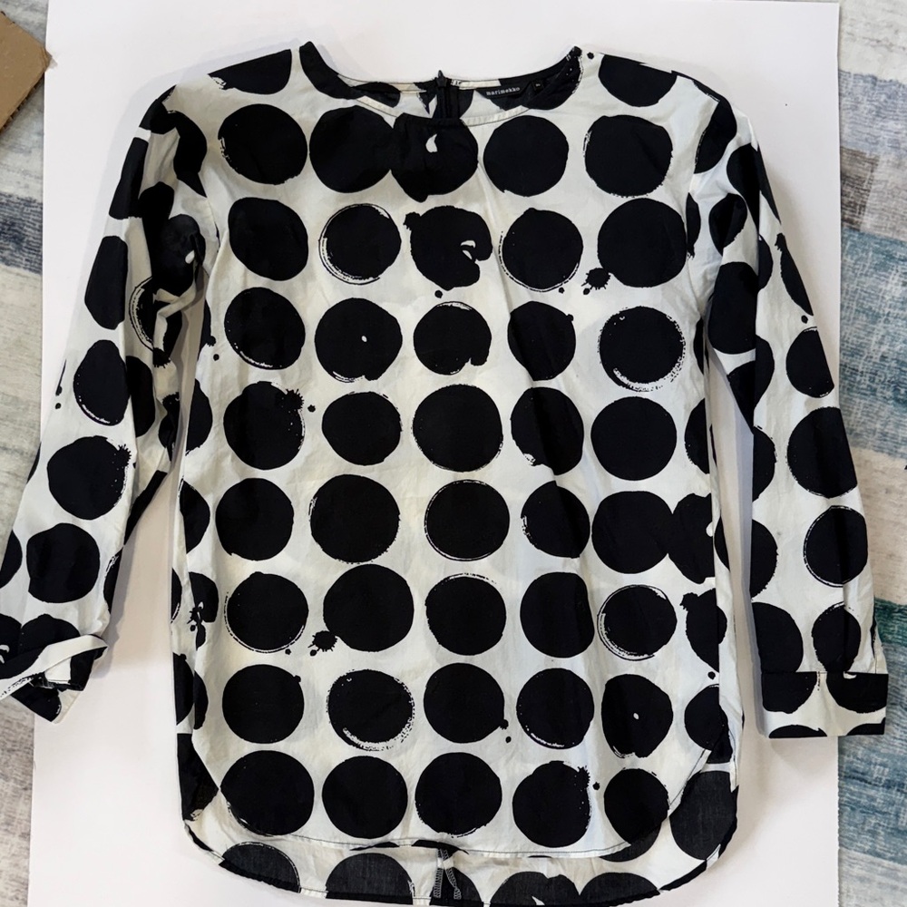Marimekko Tunic 3/4 Sleeve Shirt Size 34 Black and White polka dots Scandistyle